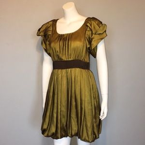 RYU Anthropologie Gold Olive Statement Sleeve Satin Bubble Cocktail Party Dress